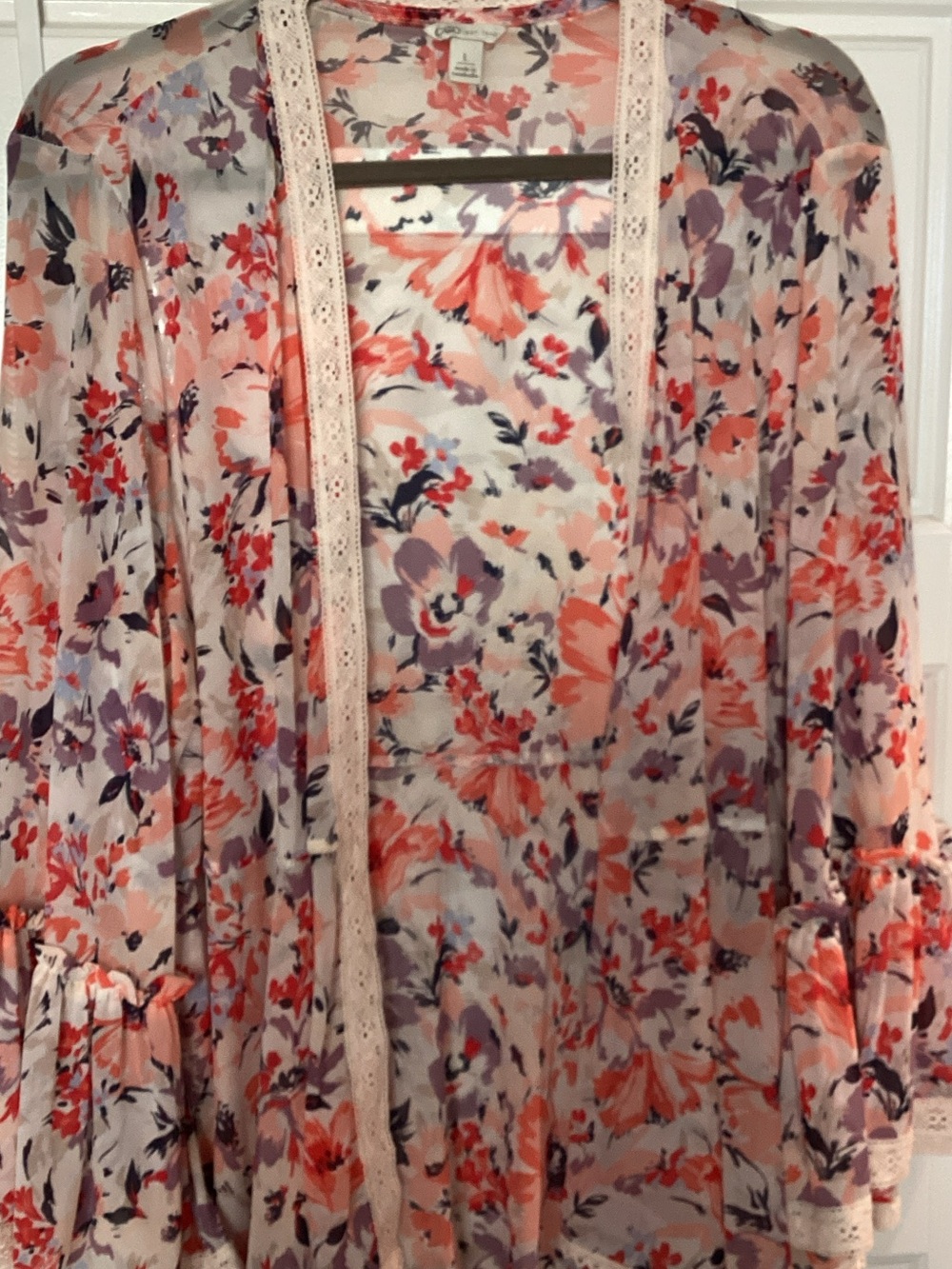 Cato Pink & Purple Floral Lace-Trim Kimono Robe